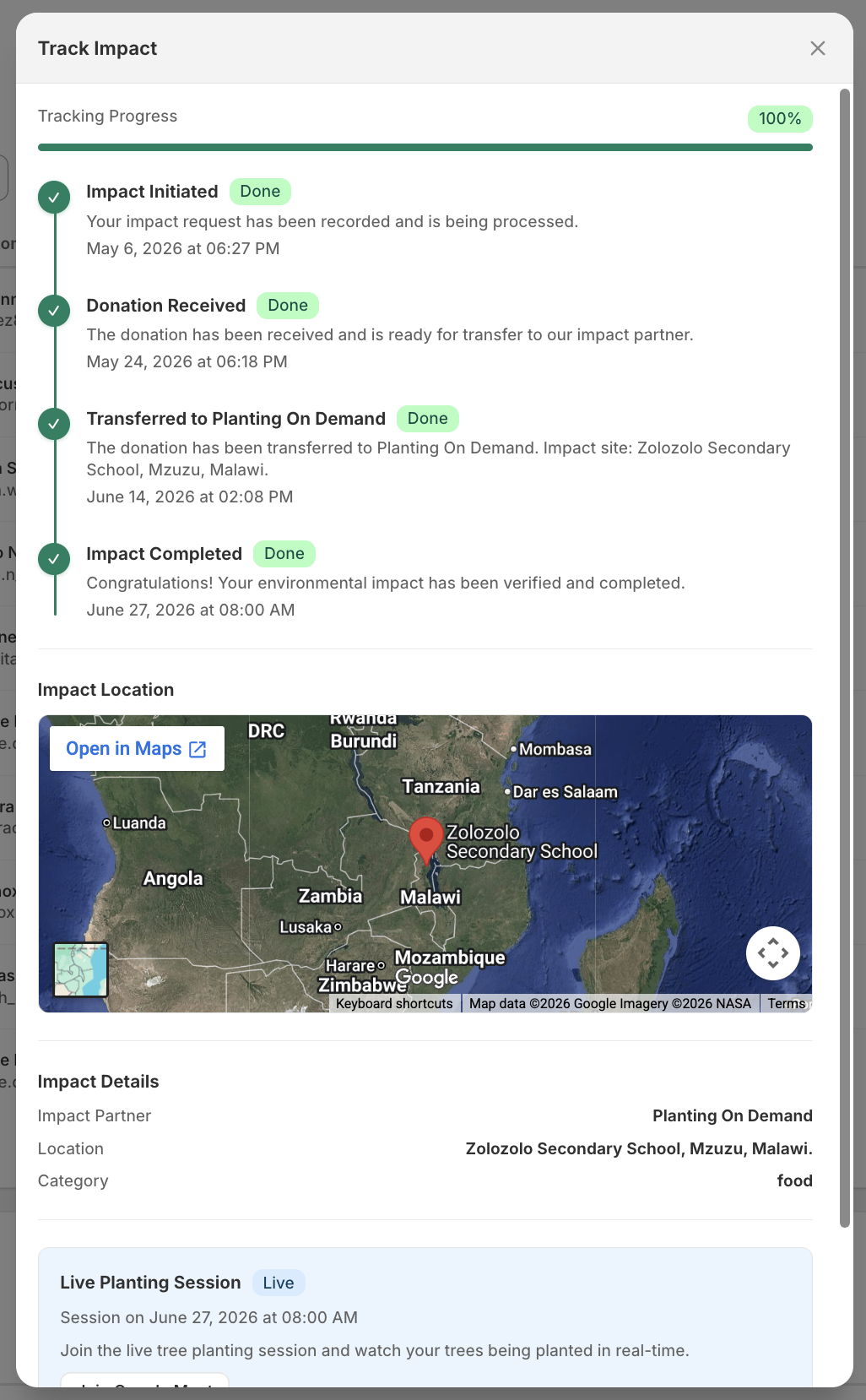 Tracking modal for tree planting