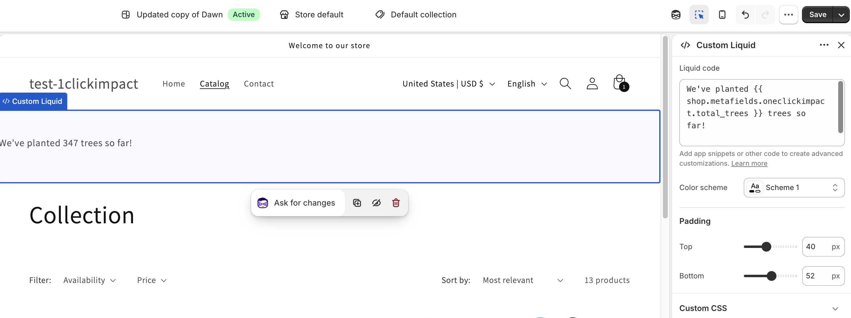 Custom Liquid section with metafield code in the theme editor